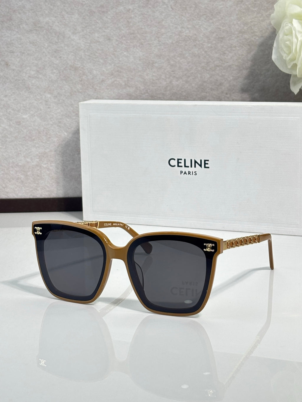 Celine square sunglasses with dark lenses, gold-tone frame and tortoise accents