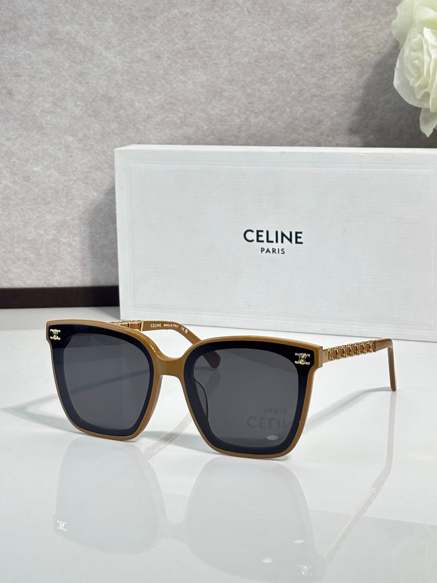 Celine square sunglasses with dark lenses, gold-tone frame and tortoise accents