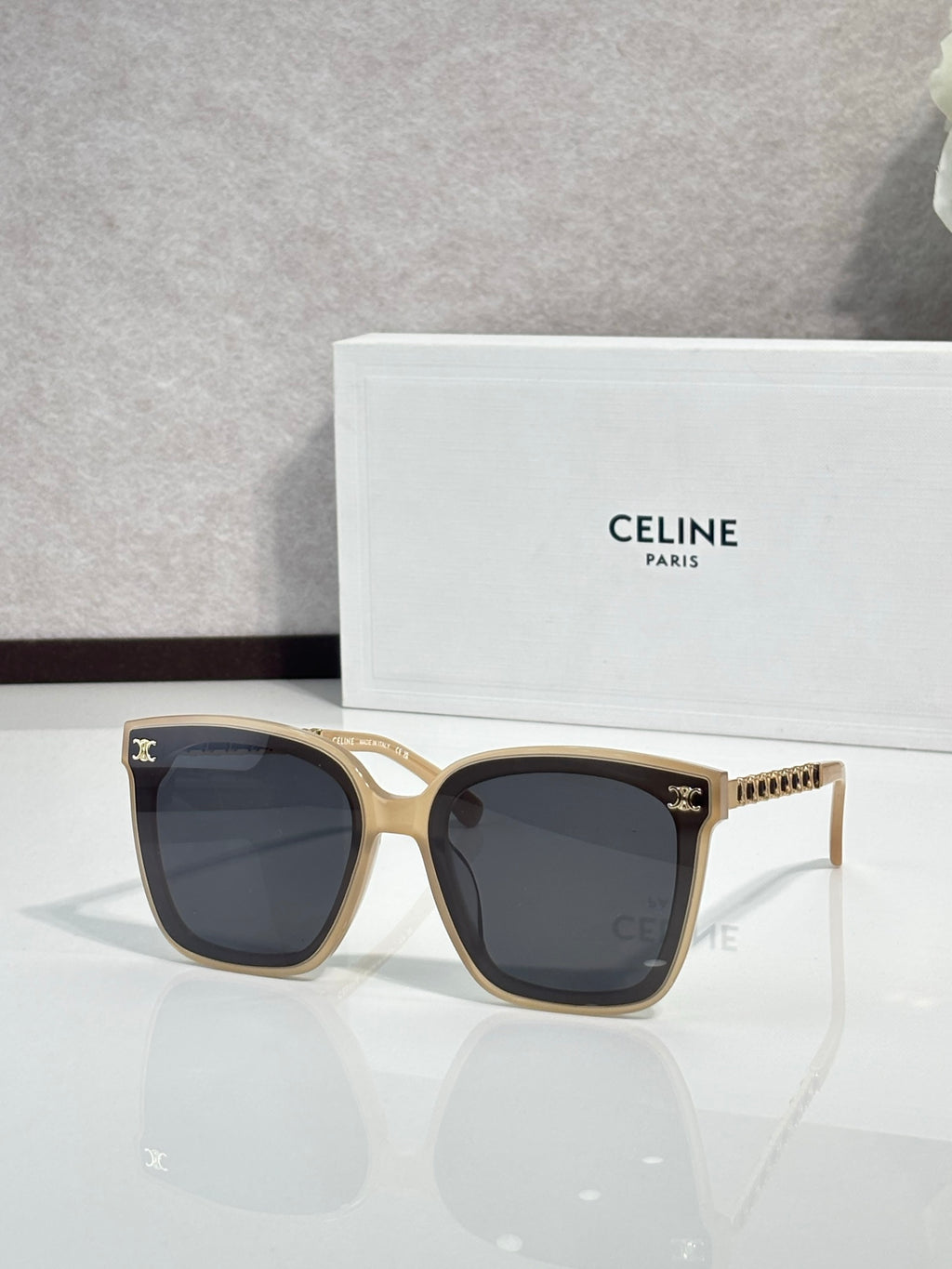 Celine square sunglasses with dark lenses, gold-tone frame and dark tortoise accents