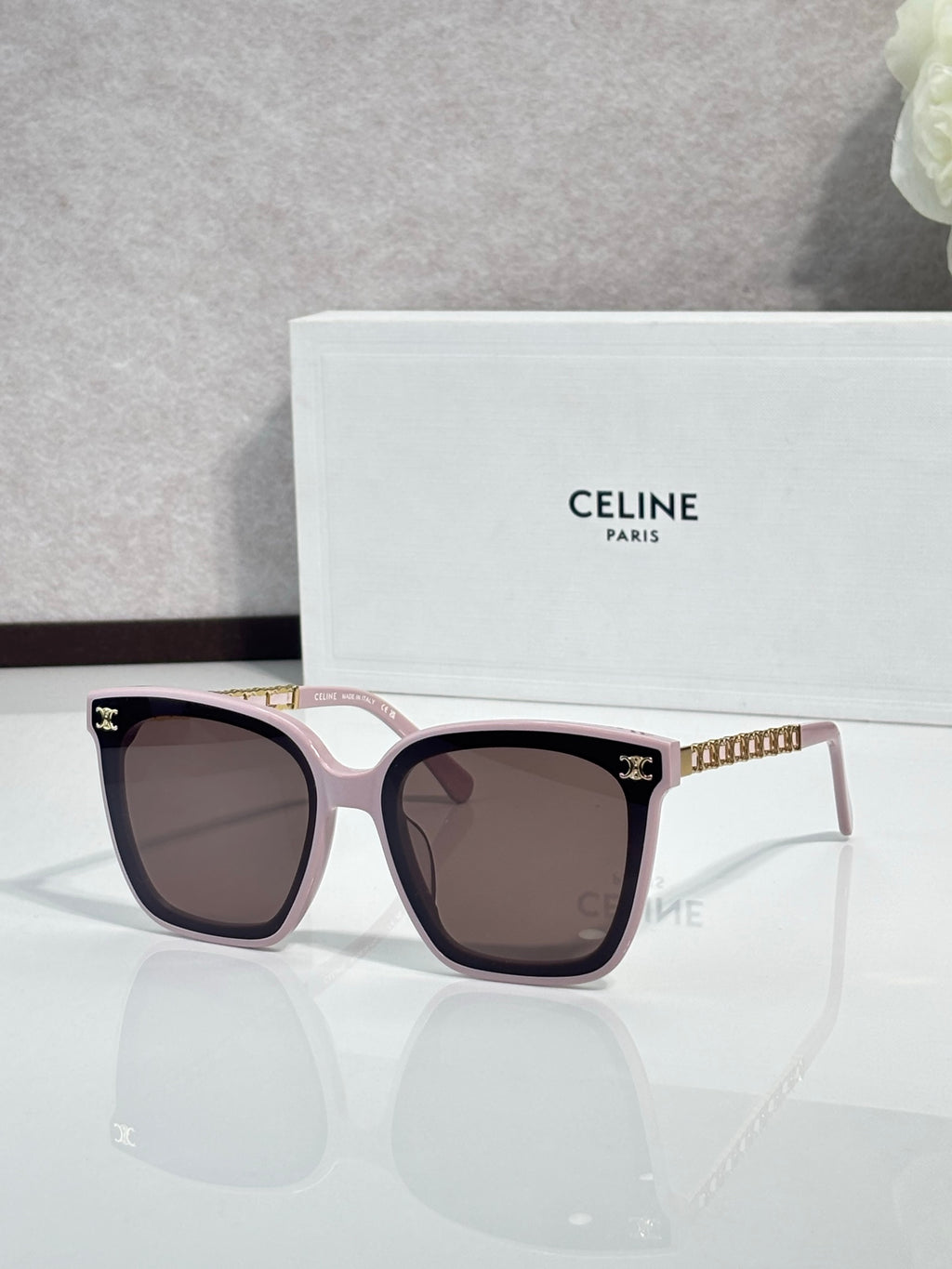 Celine square sunglasses with brown lenses, light tortoise frame and gold-tone temples