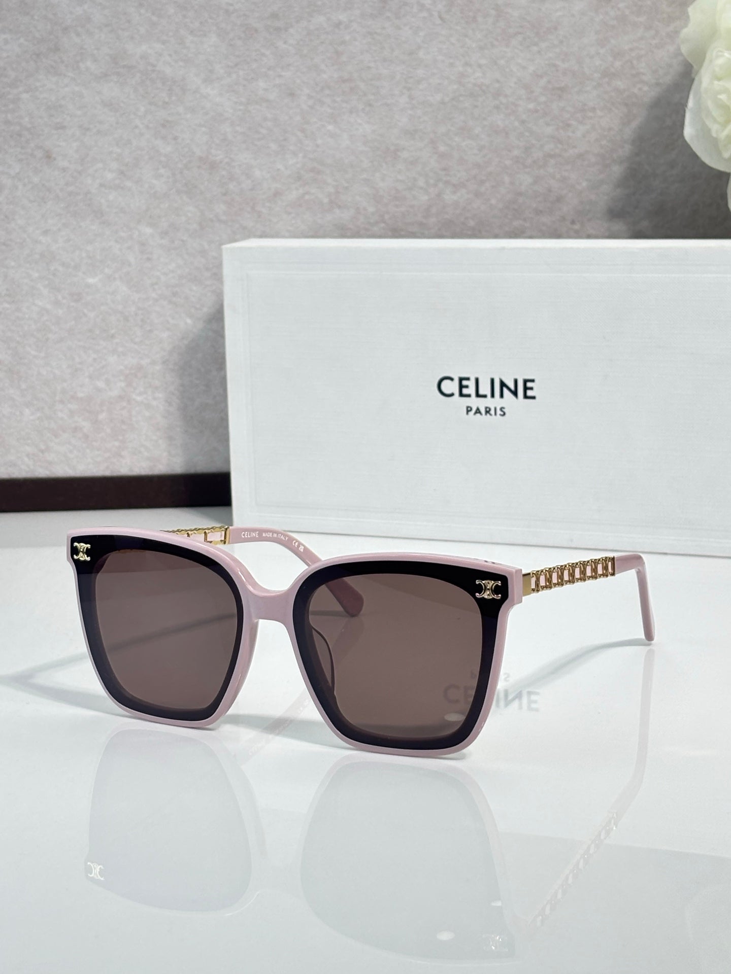 Celine square sunglasses with brown lenses, light tortoise frame and gold-tone temples