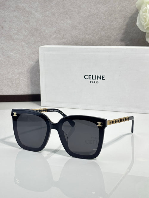 Celine square sunglasses with dark lenses, black frame and gold-tone chain temples