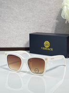 Versace sunglasses with white square frames and brown gradient lenses, gold logo on temple