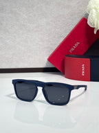 Prada square sunglasses with dark lenses and navy-blue frame, front view