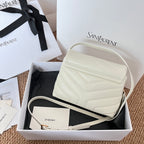 Saint Laurent quilted shoulder bag with YSL logo, light cream, adjustable strap