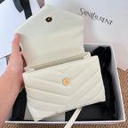Saint Laurent small quilted crossbody bag, light cream leather with snap closure