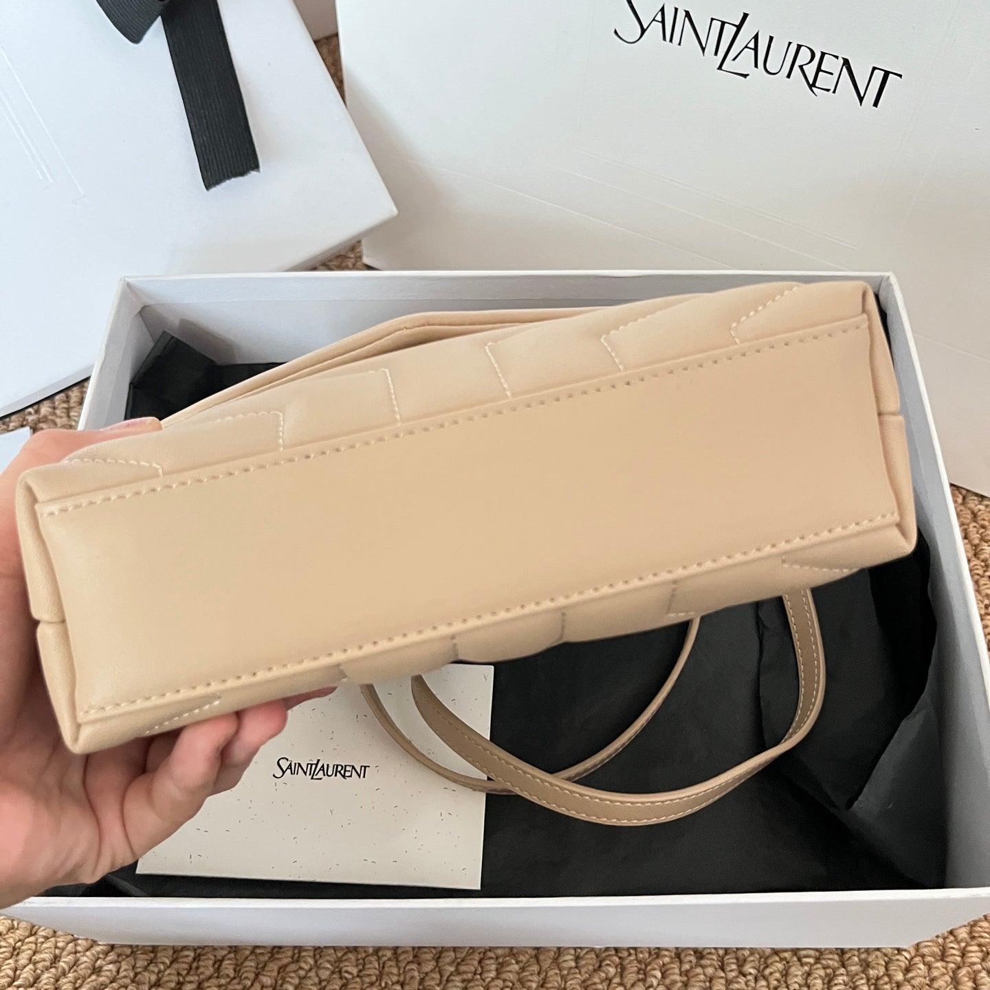 Beige YSL shoulder bag back panel with flap and crossbody strap