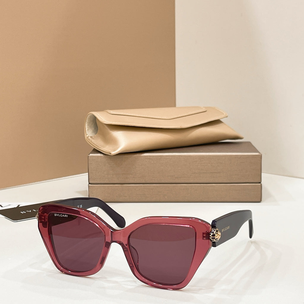 Bvlgari cat-eye sunglasses with burgundy frames and dark purple lenses