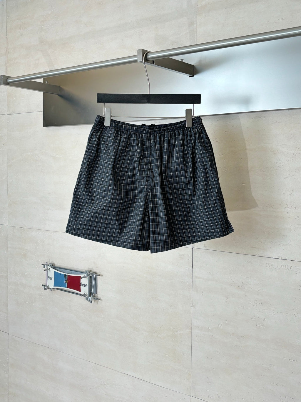 Balenciaga plaid shorts with gathered elastic waistband, dark grid pattern