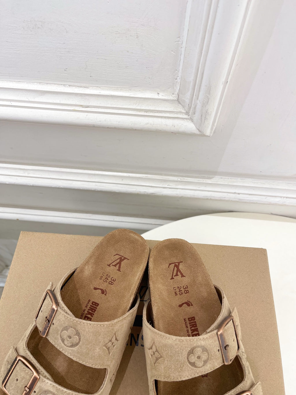 Louis Vuitton slide sandals, tan monogram straps with square buckle hardware