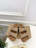 Louis Vuitton two-strap slide sandals, tan monogram canvas with buckled straps