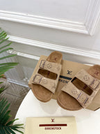 Louis Vuitton slide sandals, tan monogram canvas with buckle strap and molded footbed