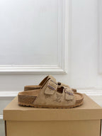 Louis Vuitton two-strap slide sandals, tan monogram canvas, adjustable buckles
