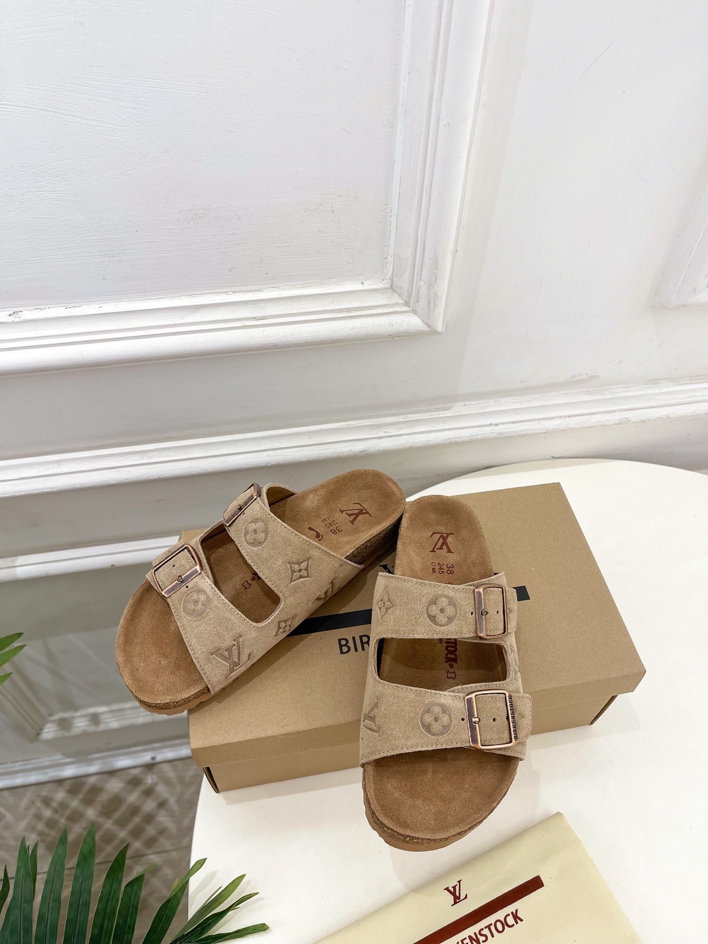 Louis Vuitton slide sandals, tan monogram canvas with two adjustable buckles