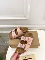 Louis Vuitton sandals, pale pink upper with monogram straps and two metal buckle closures