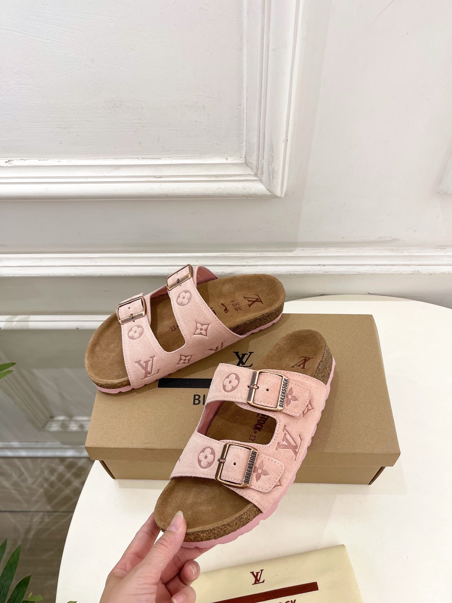 Louis Vuitton sandals, pale pink upper with monogram straps and two metal buckle closures