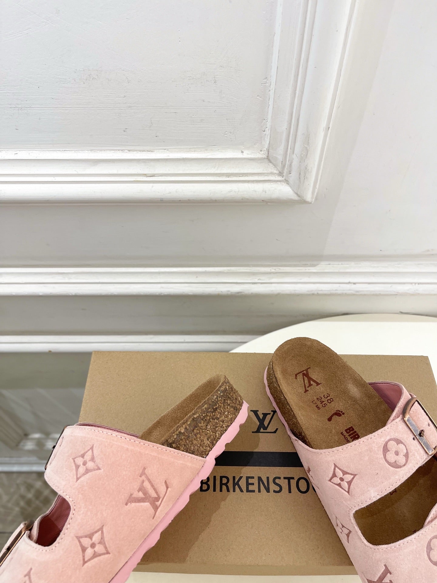 Louis Vuitton sandals, pale pink strap overlay with monogram print and adjustable buckles