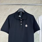 Moncler polo shirt, dark navy, short sleeves, polo collar, buttons, chest patch