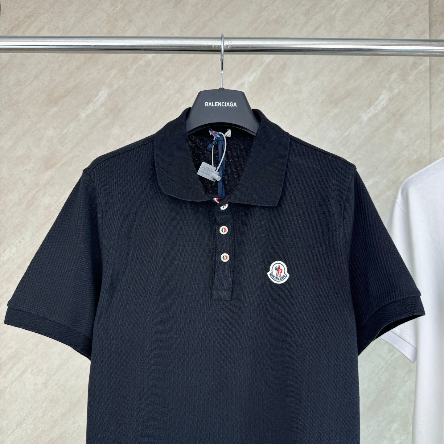 Moncler polo shirt, dark navy, short sleeves, polo collar, buttons, chest patch