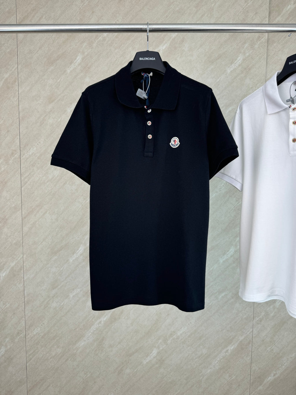 Moncler polo shirt, dark navy, short sleeves, button placket, embroidered chest patch
