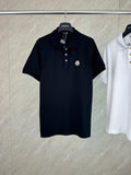 Moncler polo shirt, dark navy, short sleeves, button placket, embroidered chest patch