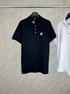 Moncler polo shirt, dark navy, short sleeves, button placket, embroidered chest patch