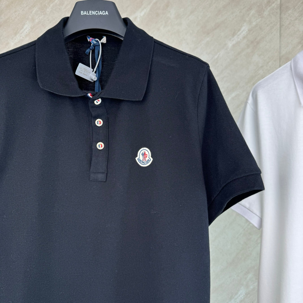 Moncler polo shirt, dark navy, close-up front, polo collar, buttons, chest patch