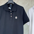 Moncler polo shirt, dark navy, close-up front, polo collar, buttons, chest patch