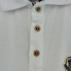 White polo shirt placket with three logo buttons