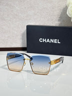 Gold-rim square sunglasses with blue gradient lenses, CHANEL branding on case