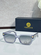 Versace sunglasses with light blue square frames and gray tinted lenses