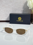 Versace sunglasses with white frame and brown lenses, gold logo detail