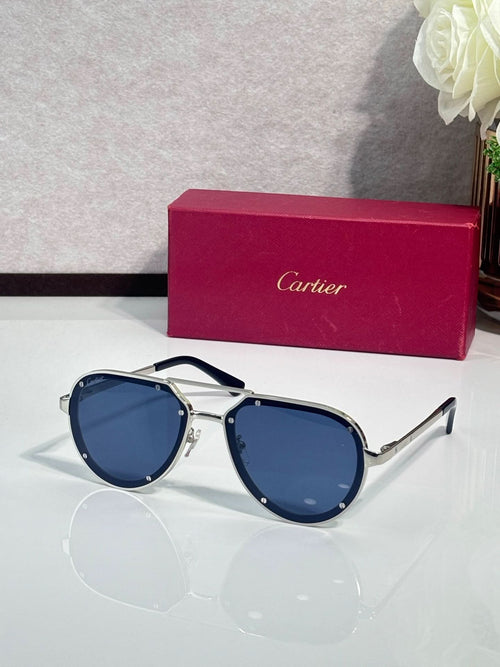 Cartier sunglasses with gold-and-navy frame and dark blue lenses, full-rim