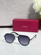 Cartier sunglasses with gold frame and dark blue lenses, cat-eye silhouette