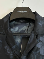 Gucci long-sleeve shirt collar close-up with dark navy floral pattern
