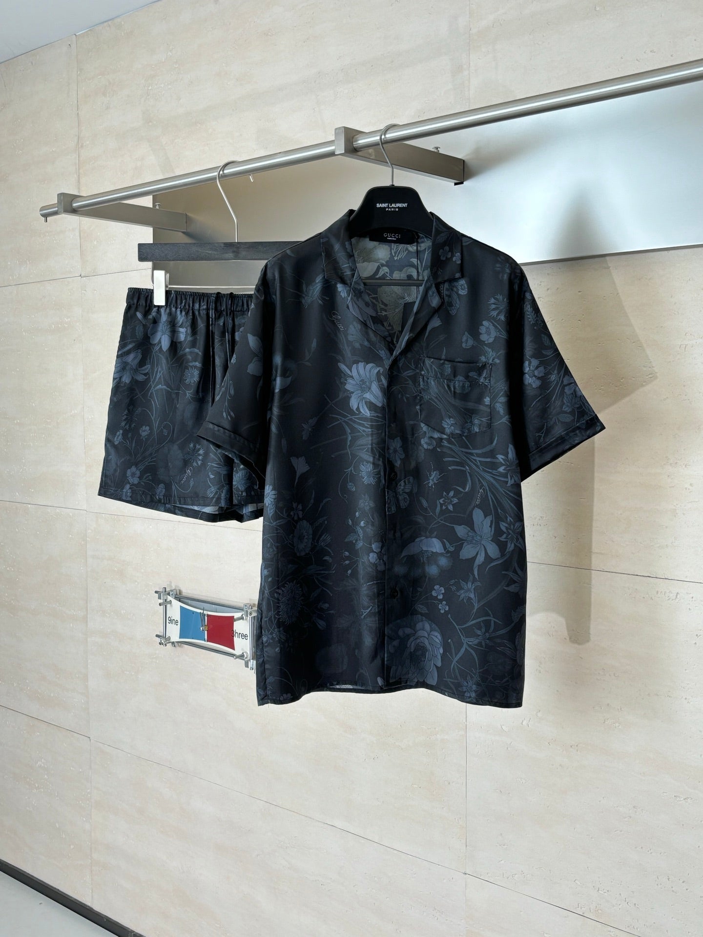 Gucci short-sleeve shirt and matching shorts set, dark with blue floral print