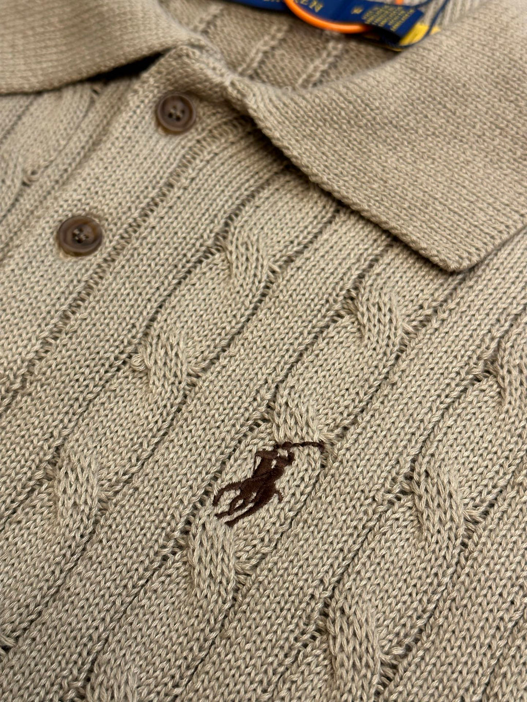 Ralph Lauren knit polo sweater button placket, light beige with cable knit texture