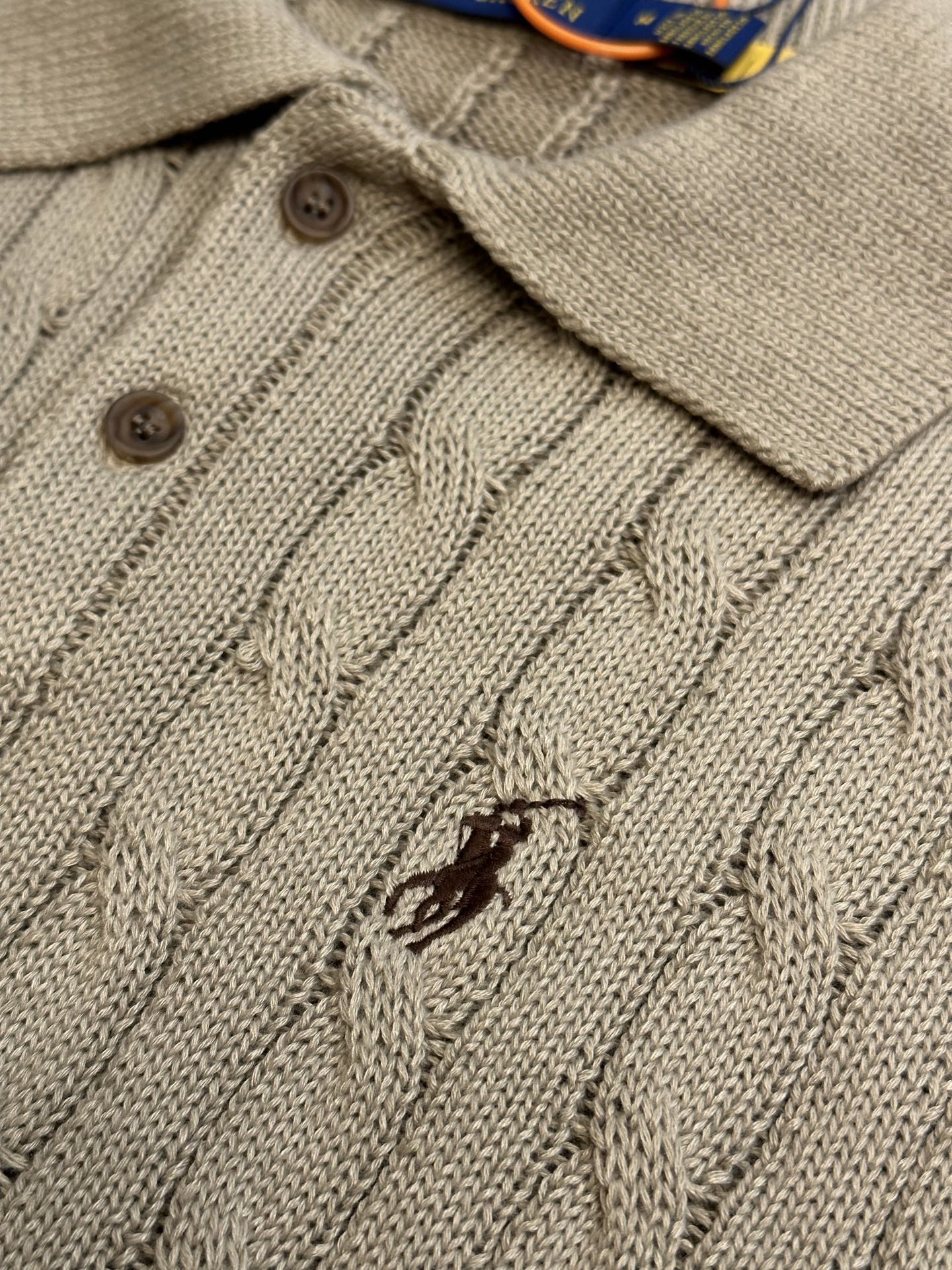 Ralph Lauren knit polo sweater button placket, light beige with cable knit texture