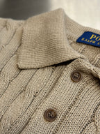 Ralph Lauren knit polo sweater shoulder and collar, light beige with brown buttons