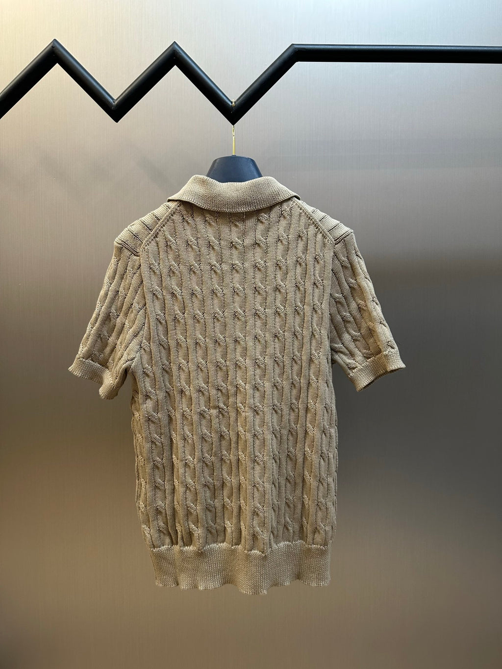 Ralph Lauren knit polo sweater back view, light beige cable knit with ribbed hem