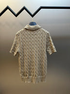 Ralph Lauren knit polo sweater back view, light beige cable knit with ribbed hem