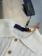 White knit polo collar and button placket with Polo Ralph Lauren hangtag.