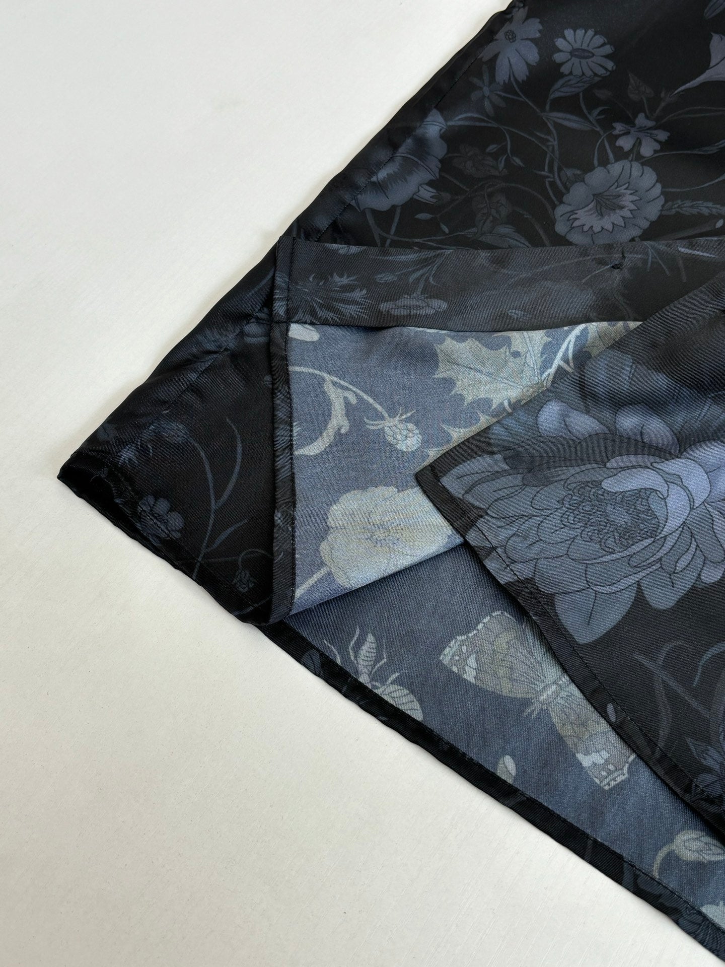 Gucci shorts close-up, dark with blue floral pattern and inner lining