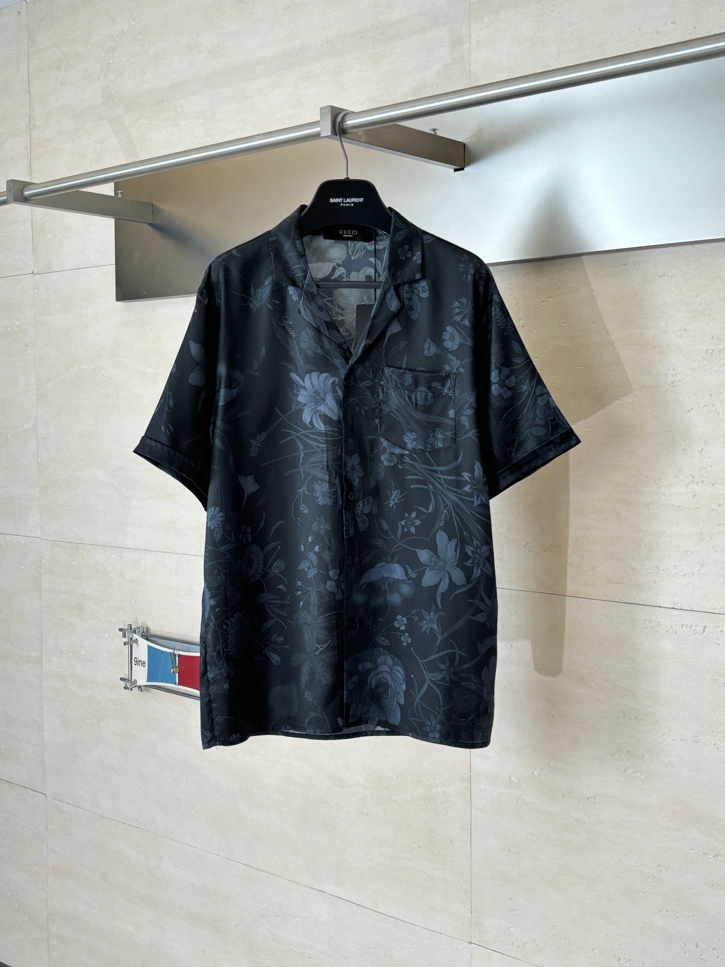 Gucci short-sleeve button-up shirt, dark with blue floral print