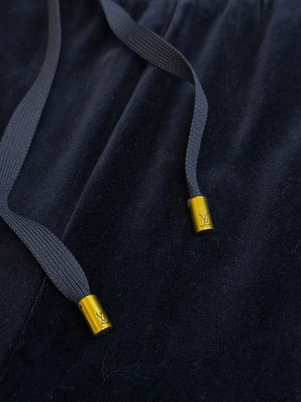 Louis Vuitton pants drawstrings, dark navy with gold logo cord tips
