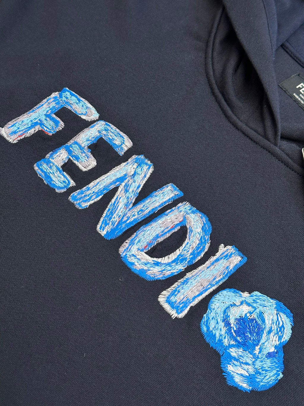 Navy hoodie with embroidered blue FENDI logo lettering