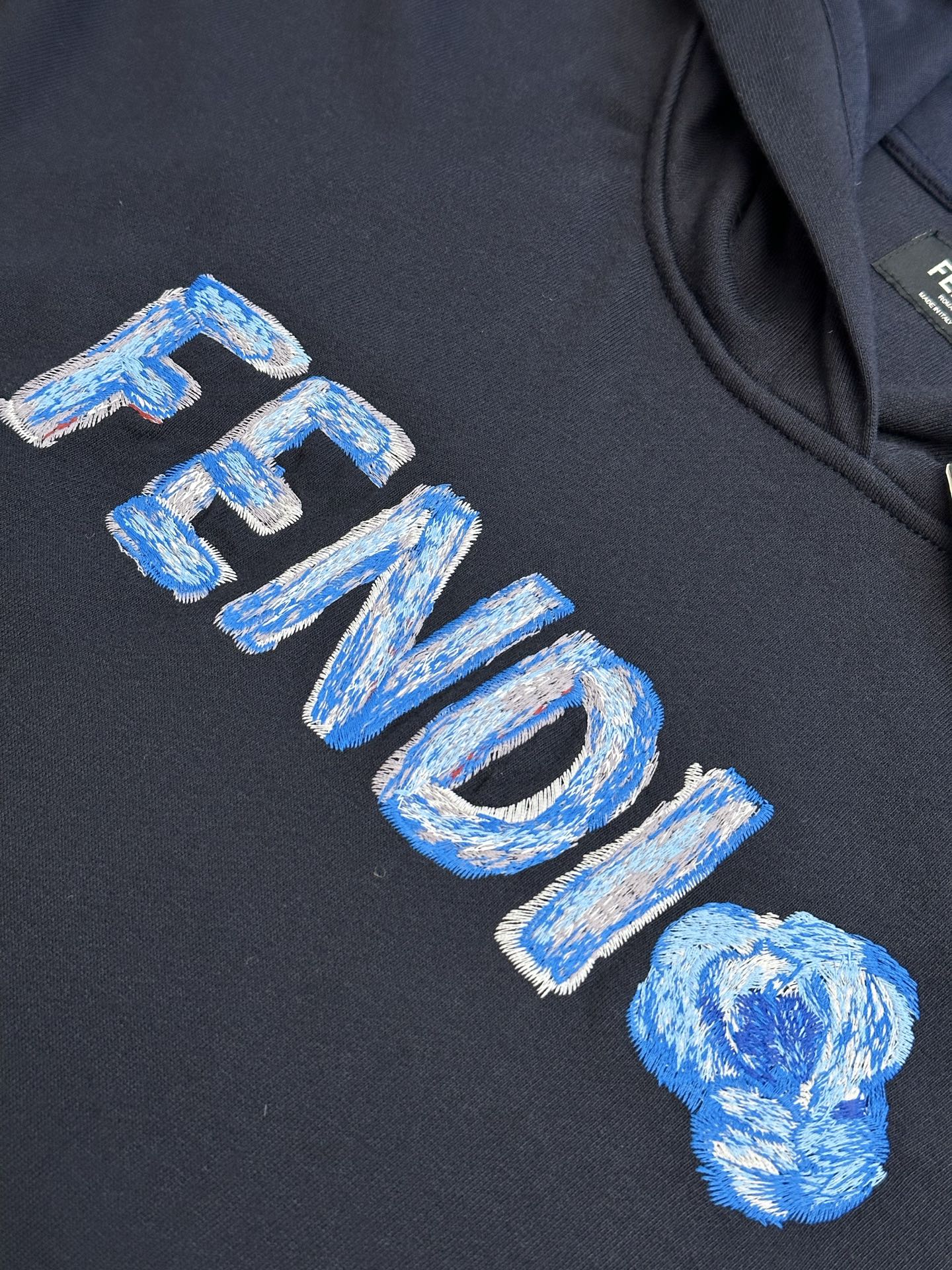 Navy hoodie with embroidered blue FENDI logo lettering