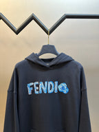 Navy hoodie with hood and embroidered blue FENDI logo across the chest