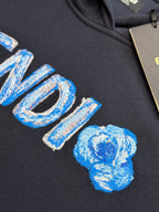 Navy hoodie close-up of embroidered blue FENDI logo letters