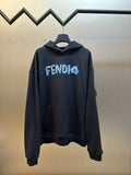 Navy Fendi logo hoodie with embroidered blue lettering and kangaroo pocket